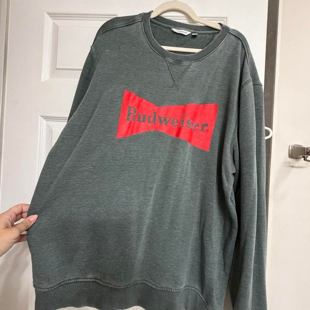Camp David Budweiser Graphic Sweatshirt Mens XL Grey Green Bowtie Logo Pullover